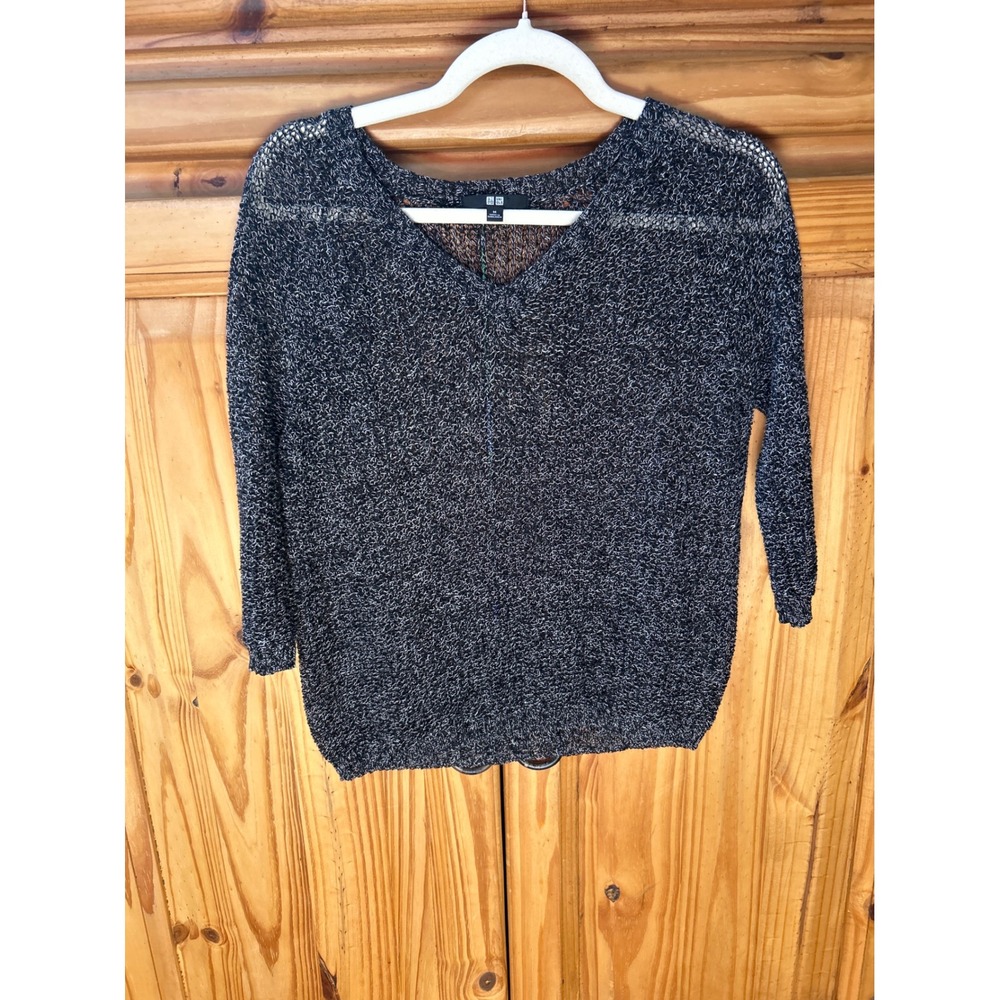 Uniqlo Womens M Black White Marled Linen V-Neck 3/4 Sleeve Knit Sweater